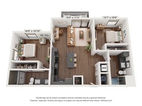 Floor plan for 2 beds, 2 baths, 1085 sqft